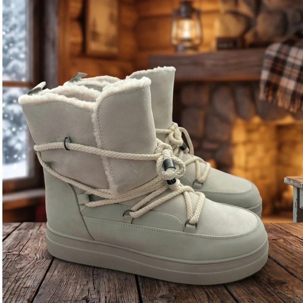 MIA Disa Womens Off White Faux Fur Lined Rope Lace Up Winter Boots 7.5 GS1500712